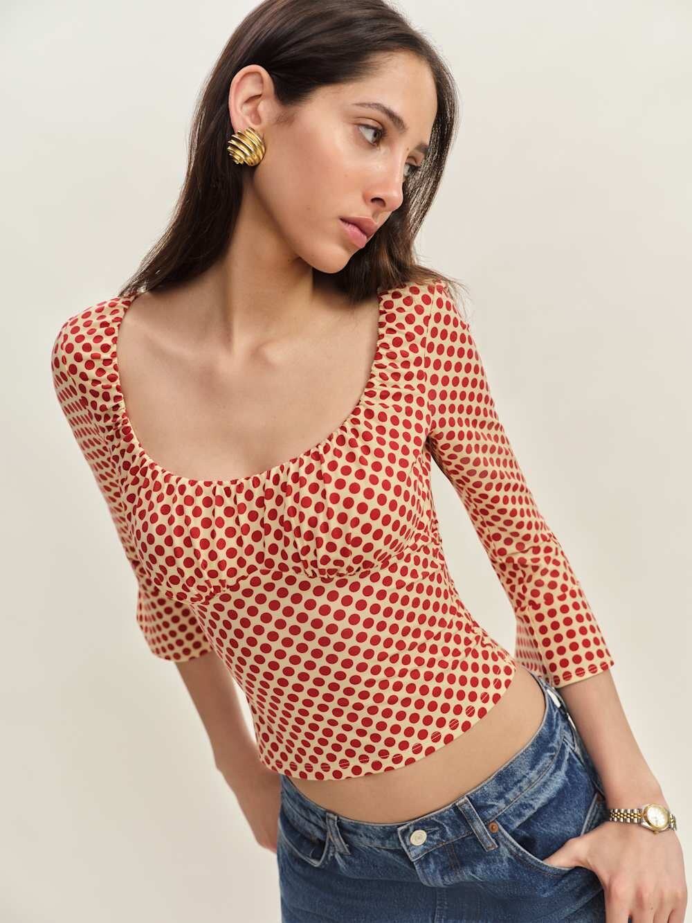 Reformation Effie Knit Top Pamplona Dot Ruched 3/4 Sleeve Size Small